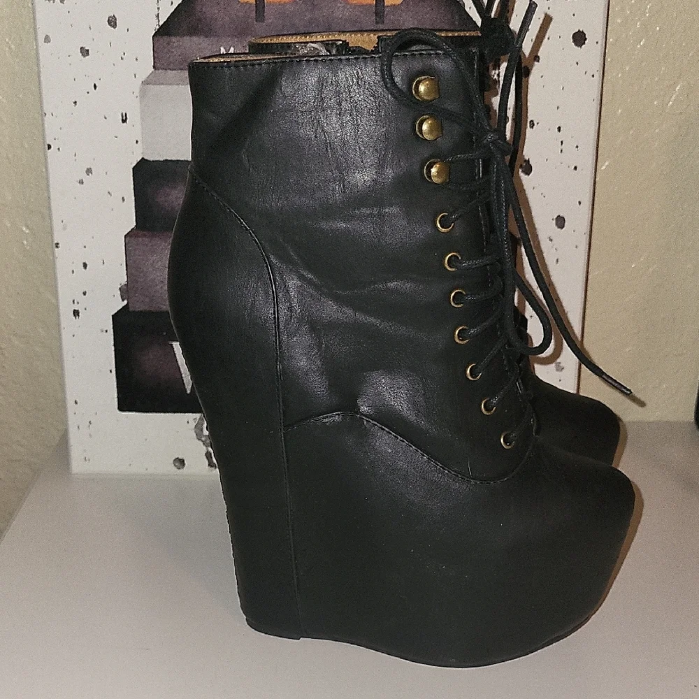 Jeffrey Campbell Damsel Black Lace Up Platform Wedge Boots, Sz 7.5 - Picture 5 of 11